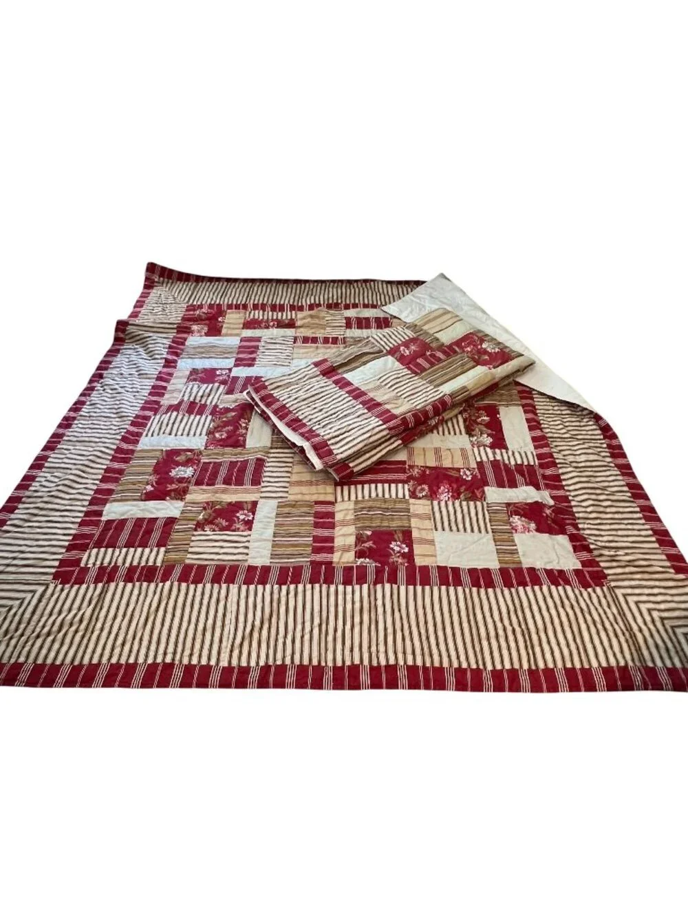 Two Handmade Quilted Patchwork Blankets Stripes Floral RED CRM French Cottage
